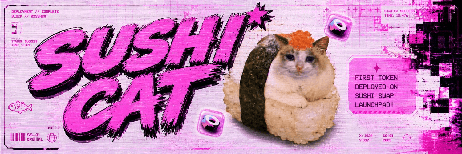 Sushi Cat banner: a cat shaped like sushi against a distressed pink background